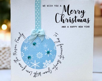 Personalised Bauble Christmas Card, Handmade Ribbon & Gems