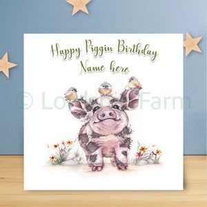 Carte d'anniversaire personnalisée - jolie carte d'anniversaire amusante faite main d'un cochon et d'oiseaux, idéale pour une carte d'anniversaire pour maman, papa, fils, fille, femme, fils