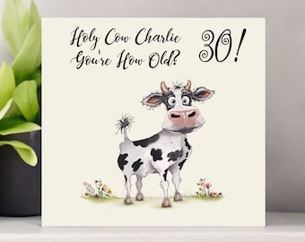 Funny Cow Birthday Card: Personalised Humorous Greetings, Any Age or Name Added, Customisable