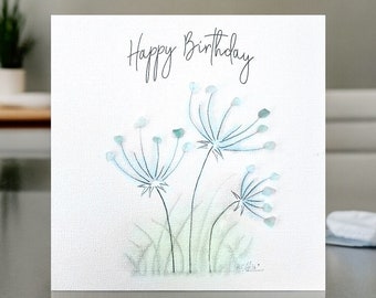 Sea Glass Birthday Card: Handmade Watercolour Floral Original Design, Personalised, Free Plantable Seeds