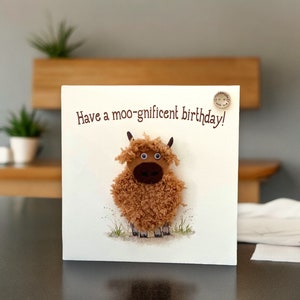 Handmade birthday card with crochet highland cow - optional personalisation with custom name, unique 3D card with plantable seed card gift