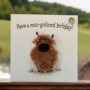 Handmade birthday card with crochet highland cow - optional personalisation with custom name, unique 3D card with plantable seed card gift