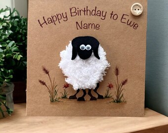 Handmade birthday card with crochet sheep - optional personalisation with custom name, unique 3D card with plantable seed card gift