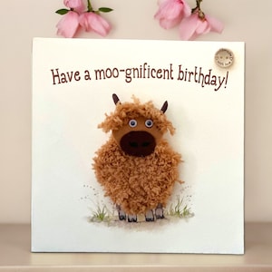 Handmade birthday card with crochet highland cow - optional personalisation with custom name, unique 3D card with plantable seed card gift