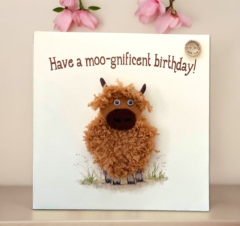 Handmade birthday card with crochet highland cow - optional personalisation with custom name, unique 3D card with plantable seed card gift