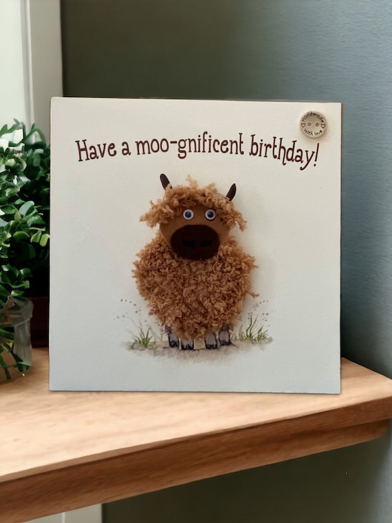 Handmade Crochet Highland Cow Birthday Card: personalised,  custom name, 3D design, free seeds gift