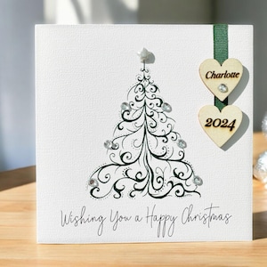 Elegant Christmas Tree Personalised Card with Customisable Name Wooden Heart (1-3 hearts can be added) & Sparkly Gems, Hand-drawn Design