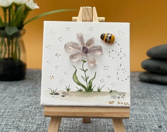 Sea glass flower, glass flower with bee, small canvas art, gift for her, painted gifts,  watercolour painting of a flower on a wooden easel