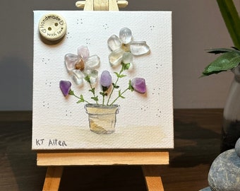 Sea glass flower, glass flower with button, small canvas art, gift for her, painted gifts,  watercolour painting of a flower on wooden easel