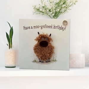 Handmade birthday card with crochet highland cow - optional personalisation with custom name, unique 3D card with plantable seed card gift