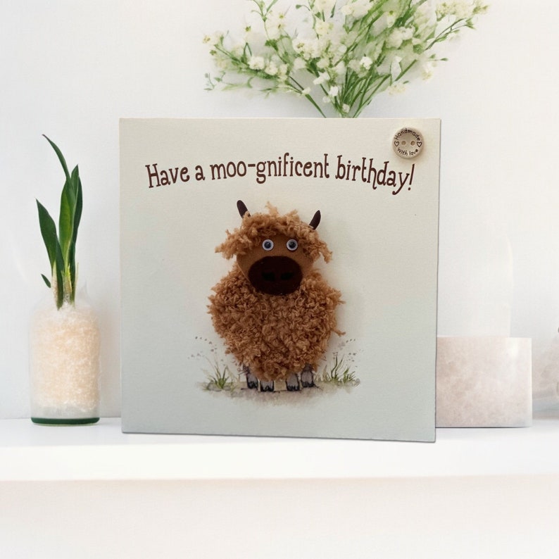 Handmade birthday card with crochet highland cow - optional personalisation with custom name, unique 3D card with plantable seed card gift