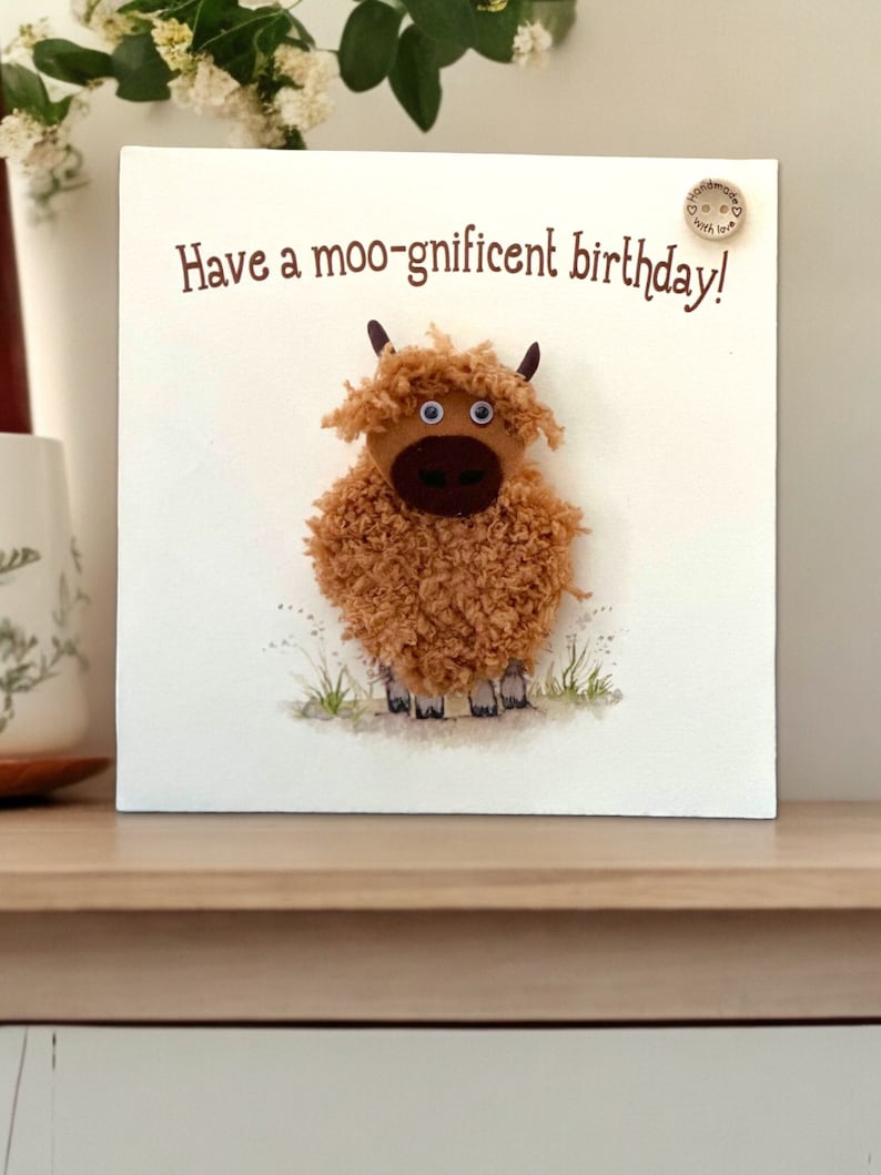 Handmade birthday card with crochet highland cow - optional personalisation with custom name, unique 3D card with plantable seed card gift