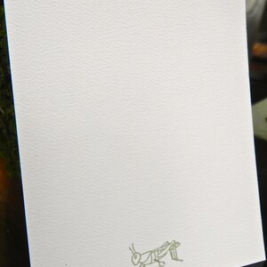 May include: A white card with the name "MICHAEL TURNER" printed in green at the top. A green line drawing of a grasshopper is at the bottom of the card.