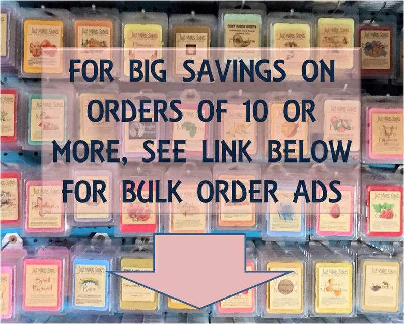 May include: A close-up of a wall of small, square, colorful wax melts. The wax melts are arranged in rows and columns. The text on the image reads "FOR BIG SAVINGS ON ORDERS OF 10 OR MORE, SEE LINK BELOW FOR BULK ORDER ADS".
