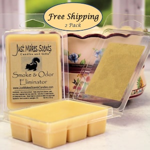 May include: Two-pack of wax melts in clear plastic packaging. The wax melts are labeled "Smoke & Odor Eliminator" and "Just Makes Scents Candles and Gifts".