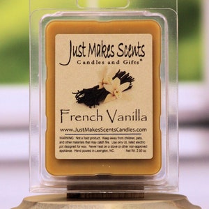 May include: A clear plastic container with a brown wax melt inside. The wax melt is labeled "Just Makes Scents Candles and Gifts" and "French Vanilla". The label also includes the website address "www.JustMakesScentsCandles.com" and a warning about using the wax melt safely. The wax melt weighs 2.50 ounces.