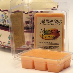 May include: A clear plastic container with a wax melt inside. The wax melt is a light orange color and has a label that says "Just Makes Scents Candles and Tarts" and "Mango & Papaya".