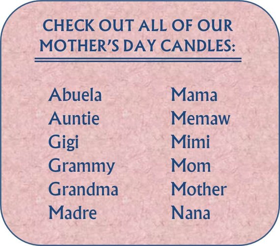 Mother's Day Candles - PICK-A-SCENT - PICK-A-LABEL - Mom, Mama, Grandma,  Auntie, Nana, Grammy, Memaw, Madre, Abuela, Mimi, Mother