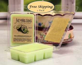 May include: Two-pack of coconut lime verbena scented wax melts in clear plastic packaging. The wax melts are a light green color and are labeled "Just Makes Scents Candles and Gifts".