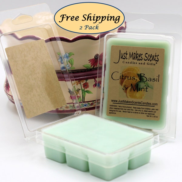 Citrus, Basil & Mint Wax Melts - 2 Pack with FREE SHIPPING - Scented Soy Wax Cubes - Compare to Scentsy® Bars - Free Shipping