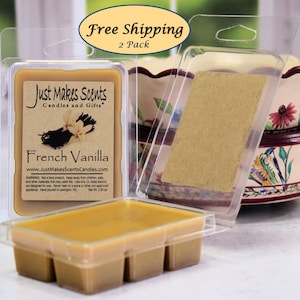 May include: Two-pack of French Vanilla scented wax melts in clear plastic packaging. The wax melts are a light brown color and are labeled "Just Makes Scents Candles and Gifts" and "French Vanilla".