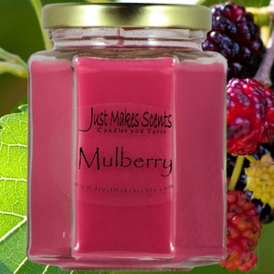 Peut inclure: Une bougie en verre avec une cire rose et une étiquette qui indique "Just Makes Scents Candles and Tarts" et "Mulberry" avec l'adresse du site Web "www.JustMakesScents.com". La bougie est devant une branche de mûres mûres.