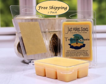 May include: Two-pack of wax melts in clear plastic packaging. The wax melts are a light yellow color and have a label that reads "Just Makes Scents Candles and Gifts" and "Tropical Oasis".