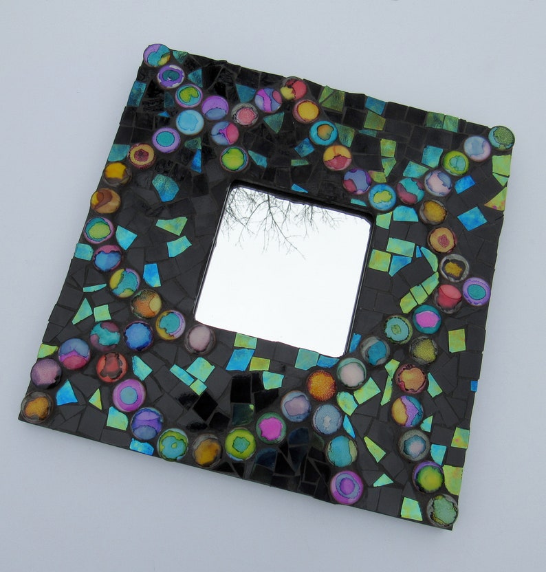 Black And Multicolored Tile Framed Mirror Mosaic Image 0