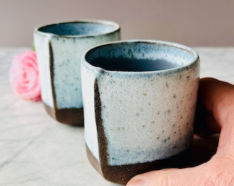 9 oz. Tumbler PAIR with Seam - Blue-White Glaze with dark GREY inside