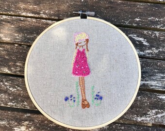 Hand Embroidered Girl in a Japanese linen Cotton 6” wooden hoop