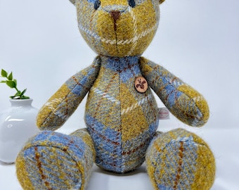 Adorable Handmade Teddy Bear in Harris Tweed fabric Gift soft plush unique toy for cuddly.