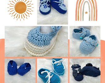 6 Blue Handmade Baby shoes in crochet, each one is a special beautiful gift for newborn