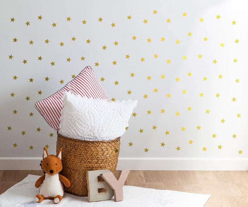 Gold Star Vinyls. Decoration with decorative vinyl gold stars. Wall Stickers Golden Stars Decoration. Glitter gold image 6