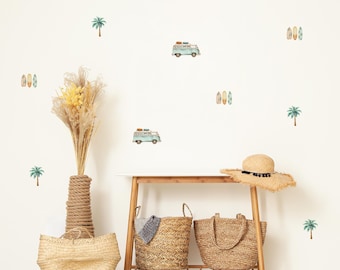 Removable Beach Style Wall Decals – Kids Surf Van and Palm Tree Stickers | Coastal Decor for Children's Bedroom or Nursery