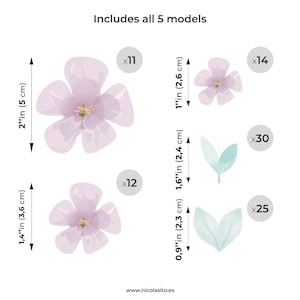 Imagen que muestra la cantidad de pegatinas de vinilo decorativo del pack de flores silvestres en color lila con sus medidas – Nicolasito.es
Image showing the number of decorative vinyl stickers included in the lilac wildflower pack with their sizes – Nicolasito.es