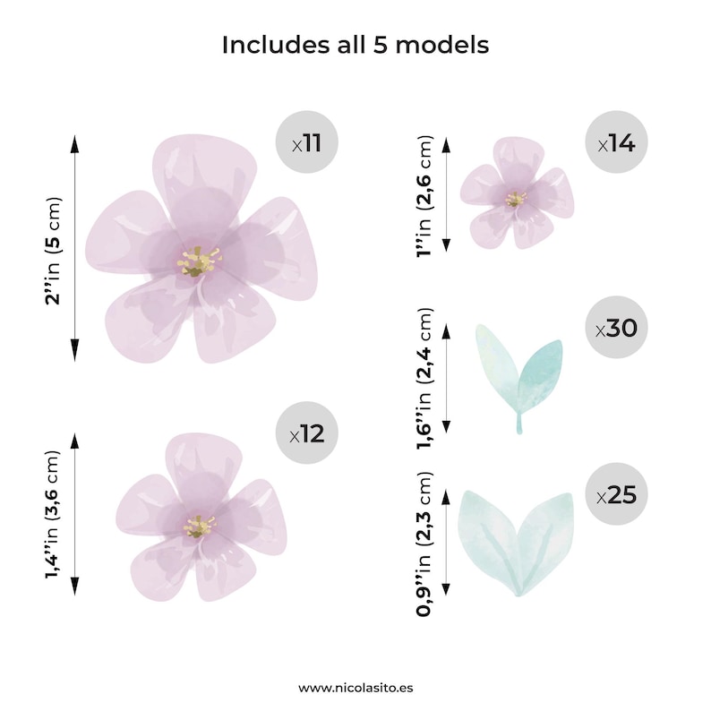 Imagen que muestra la cantidad de pegatinas de vinilo decorativo del pack de flores silvestres en color lila con sus medidas – Nicolasito.es
Image showing the number of decorative vinyl stickers included in the lilac wildflower pack with their sizes – Nicolasito.es