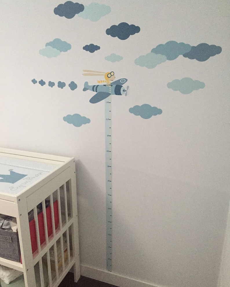 Medidor Infantil de Pared. Vinilo infantil medidor Aviador. Decoración infantil con medidores adhesivos para apuntar progresos y altura niño Azul