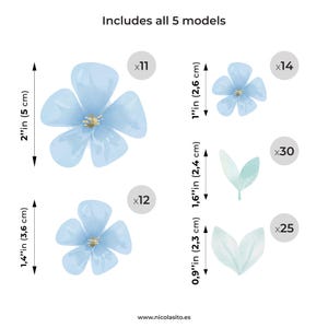 Imagen que muestra la cantidad de pegatinas de vinilo decorativo que incluye el pack de flores silvestre color azul con sus medidas - Nicolasito.es
Image showing the number of decorative vinyl stickers included in the blue wildflower pack with their sizes – Nicolasito.es
