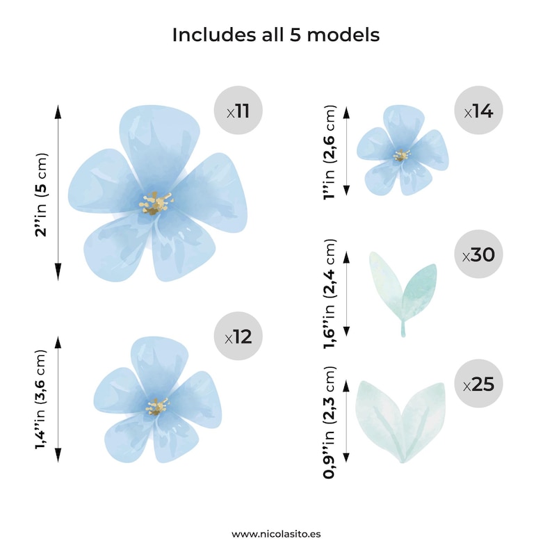 Imagen que muestra la cantidad de pegatinas de vinilo decorativo que incluye el pack de flores silvestre color azul con sus medidas - Nicolasito.es
Image showing the number of decorative vinyl stickers included in the blue wildflower pack with their sizes – Nicolasito.es