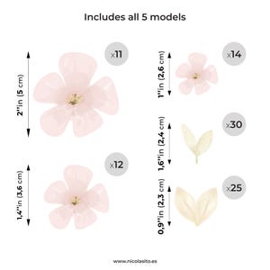 Imagen que muestra la cantidad de pegatinas de vinilo decorativo del pack de flores silvestres en color rosa con sus medidas – Nicolasito.es
Image showing the number of decorative vinyl stickers included in the pink wildflower pack with their sizes – Nicolasito.es
