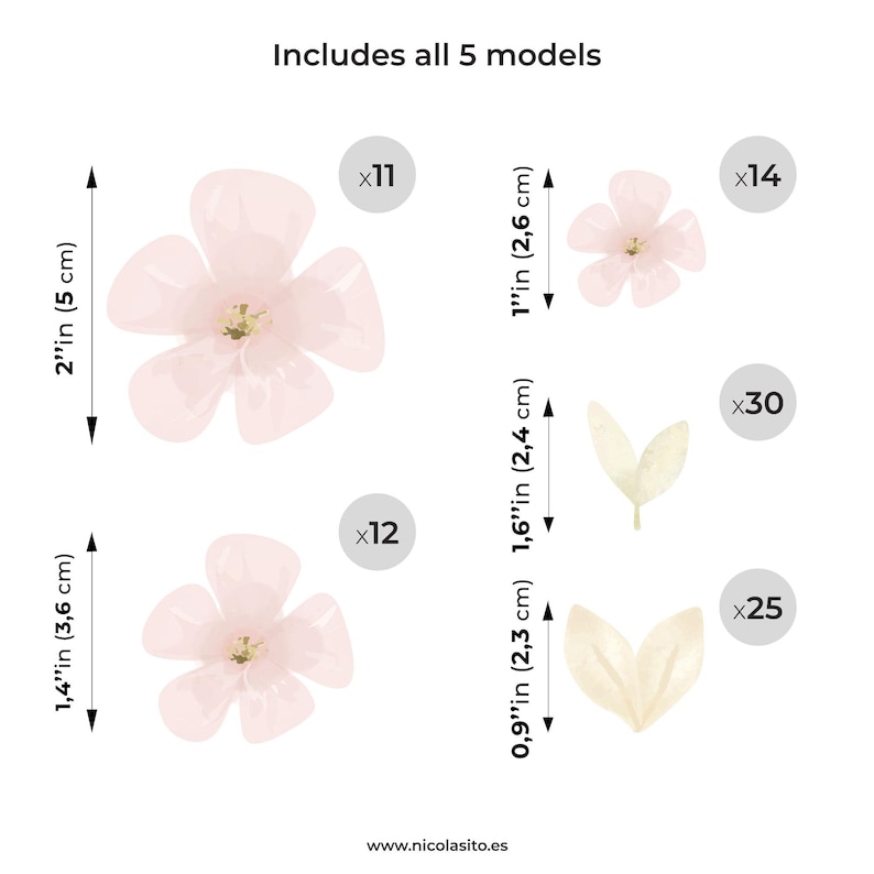Imagen que muestra la cantidad de pegatinas de vinilo decorativo del pack de flores silvestres en color rosa con sus medidas – Nicolasito.es
Image showing the number of decorative vinyl stickers included in the pink wildflower pack with their sizes – Nicolasito.es