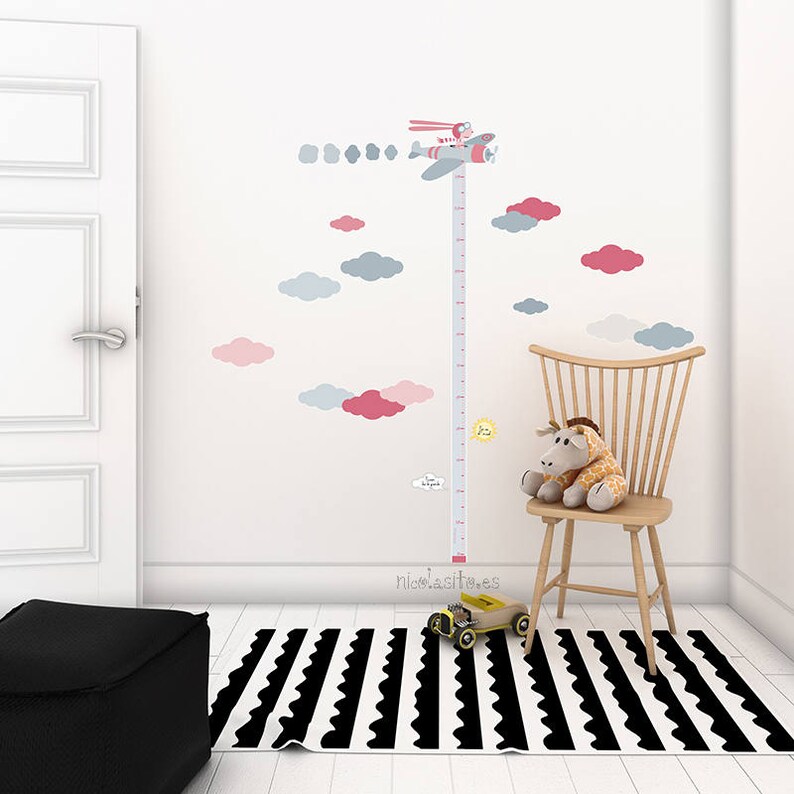 Medidor Infantil de Pared. Vinilo infantil medidor Aviador. Decoración infantil con medidores adhesivos para apuntar progresos y altura niño Rosa/Gris