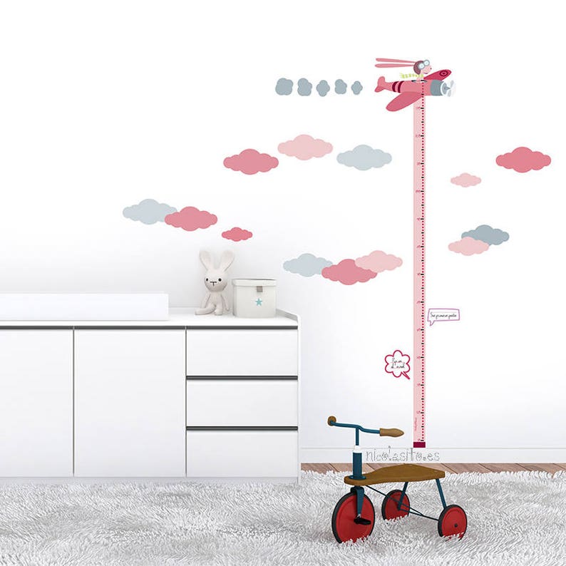 Medidor Infantil de Pared. Vinilo infantil medidor Aviador. Decoración infantil con medidores adhesivos para apuntar progresos y altura niño Rosa