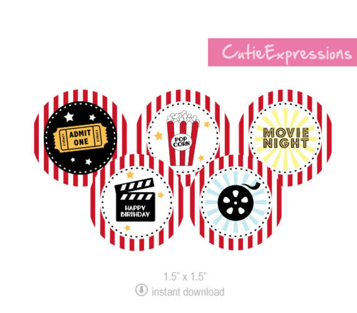 Movie Night Party, Printable Cupcake Toppers, Movie Theme Birthday ...