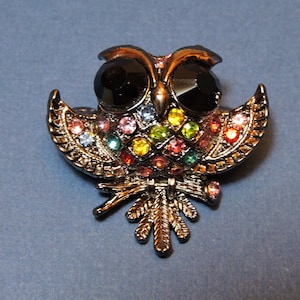 Owl, owl pin, owl brooch, brooch pin, bird, bird pin, bling, bedazzled, multicolored, purse pin