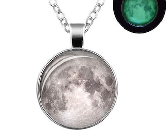 Resplandor en la oscuridad luna llena, collar de luna, resplandor en la oscuridad, luna llena, colgante de luna