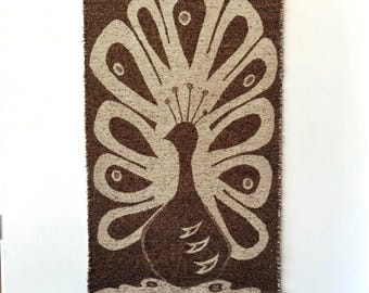 Tapiz de arte textil escandinavo vintage / Tapiz abstracto de pájaros en tonos marrones, hecho en Finlandia.