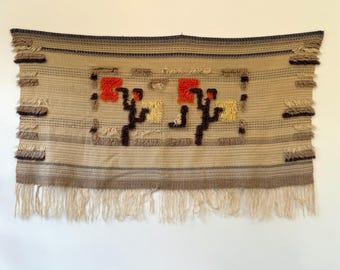 Vintage Scandinavian Wool Weaving | Horizontal Wall Textile Finnish Tapestry Folk Art