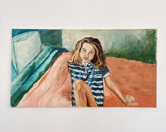 Vintage Original Portrait Oil Painting | Unframed Girl Expressionist Art | Terracotta Pink Teal