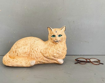 Vintage Ceramic Cat Piggy Bank | Hand Painted Collectible Figurine Pottery Mid Century Circa 1950s | Eclectic Vintage Unique Decor